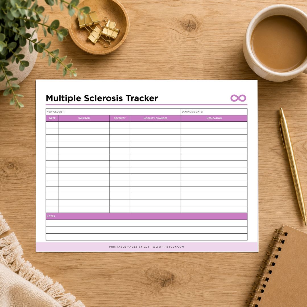 A printable 'Multiple Sclerosis Tracker' sheet laid flat on a wooden desk with a coffee cup, plant, gold clips, pen, and notebook around it. The tracker has purple header accents and table lines.