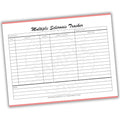 Multiple Sclerosis Tracker sheet with columns for symptoms, activities, mobility changes, and medications on a white background.