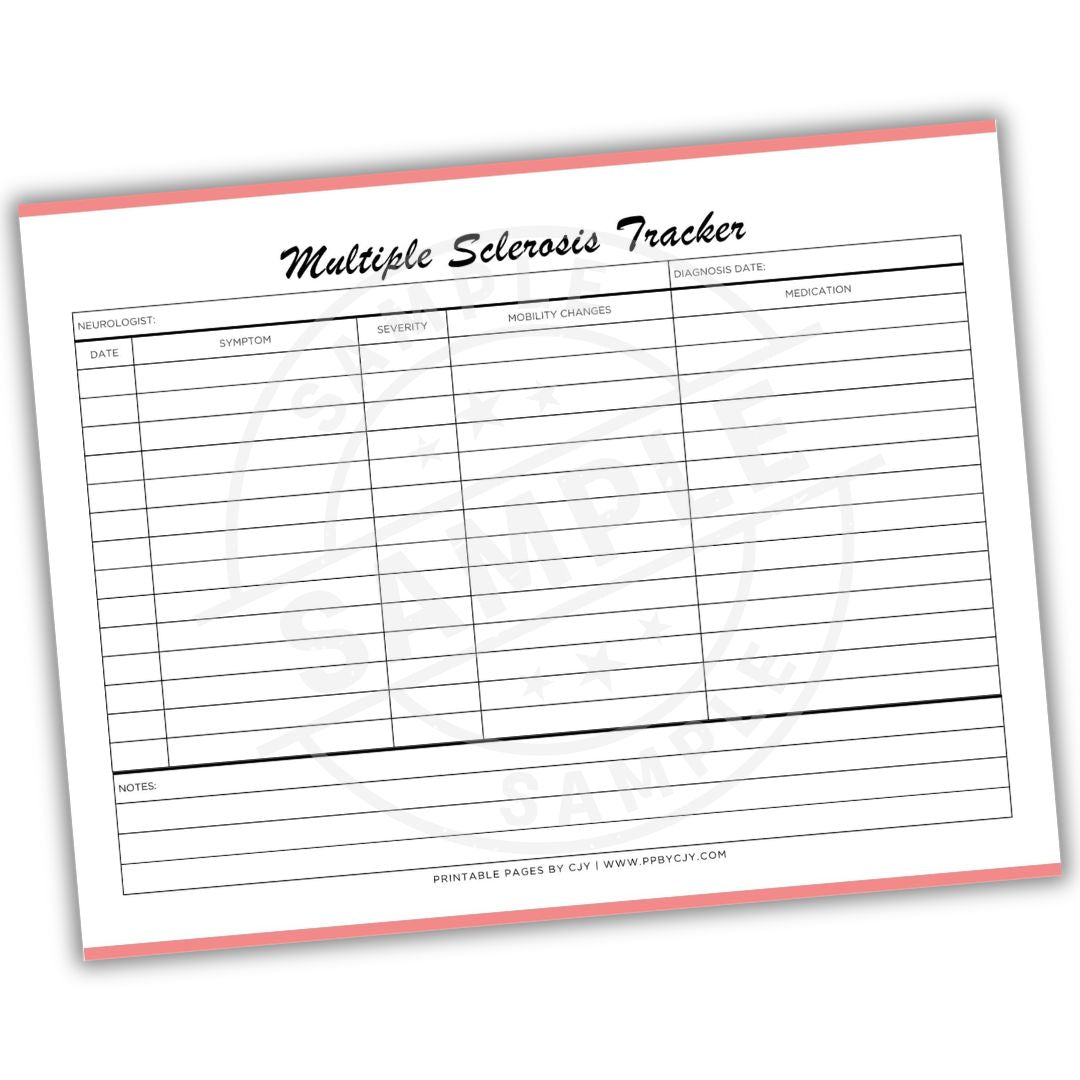 Multiple Sclerosis Tracker sheet with columns for symptoms, activities, mobility changes, and medications on a white background.