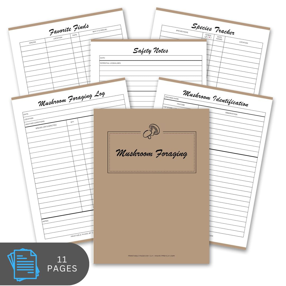 Mushroom foraging notebook with various pages on a white background