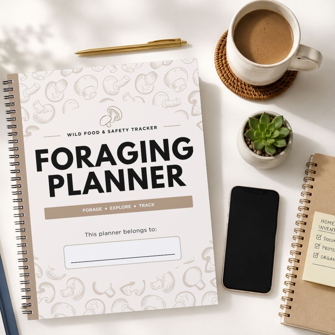 A spiral-bound Foraging Planner notebook is shown in a styled flat-lay arrangement on a white surface, surrounded by a coffee cup, pen, small succulent, smartphone, and another notebook.