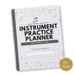 A spiral-bound 'Instrument Practice Planner' for music students, featuring a white cover decorated with gray musical notes and bold black text. A gold circular badge in the bottom right corner reads '15+ PAGES'.