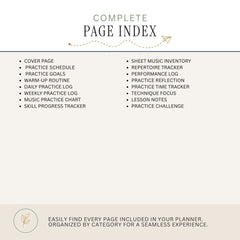 A digital preview of a complete page index for a music practice planner, showing a list of included pages in two columns on a warm beige background with a decorative header and footer.