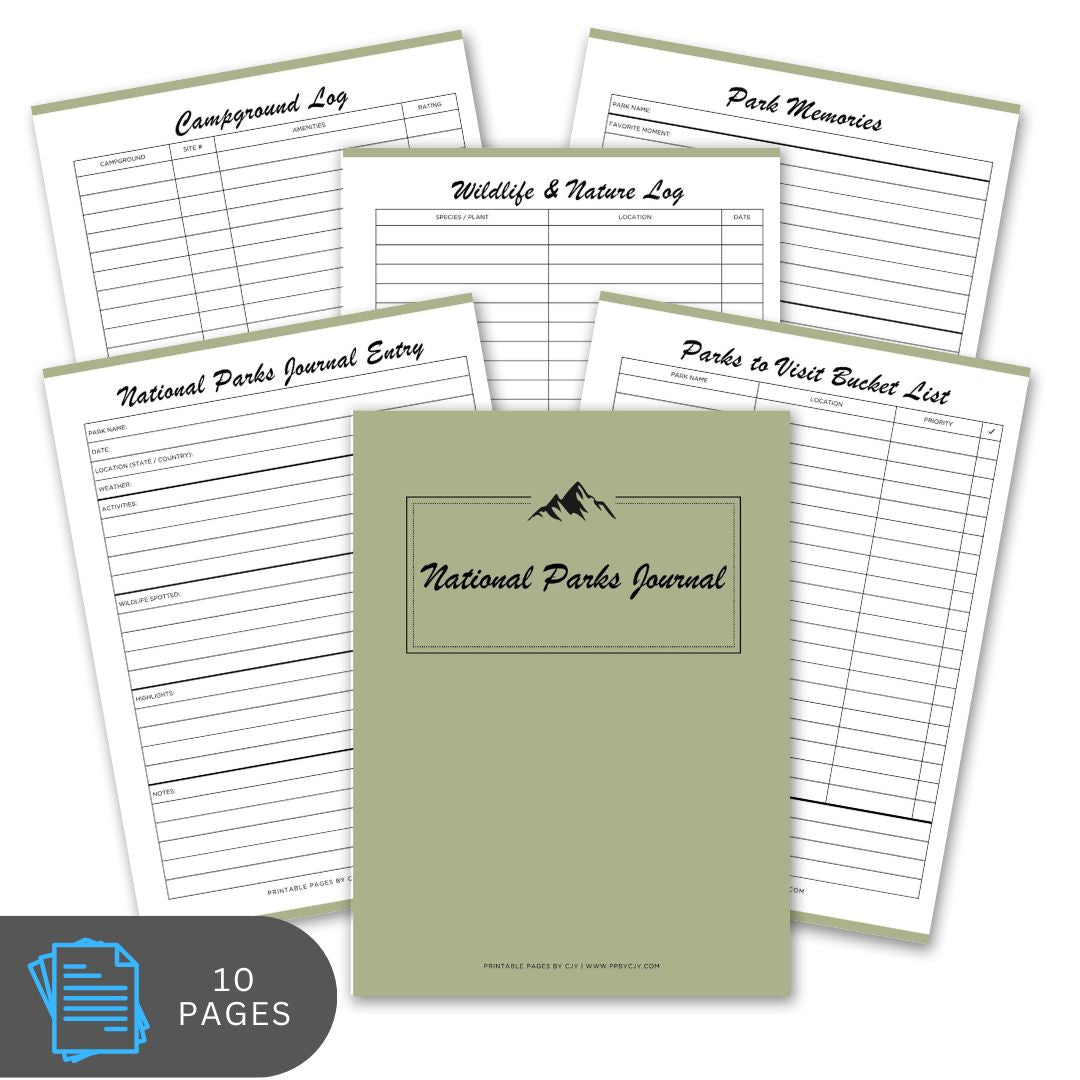 National Parks Journal with various log sheets on a white background