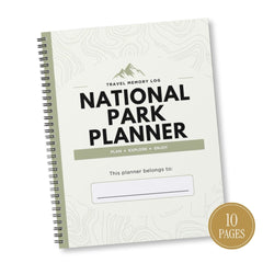 A spiral-bound National Park Planner travel memory log with a cream cover, black text, and a sage green accent bar. A gold circular badge in the bottom right corner reads '10 PAGES'.