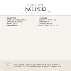A page index cover for a planner or journal, with the title 'COMPLETE PAGE INDEX' at the top and a list of included pages below in two columns. The design is mostly off-white and beige with black text and small green and brown decorative accents.