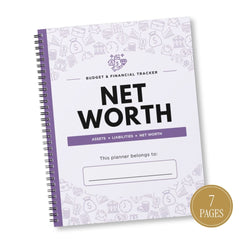 A spiral-bound 'Net Worth' budget and financial tracker planner shown at an angle on a white background, featuring a purple cover with black text and a gold circular badge indicating 7 pages.