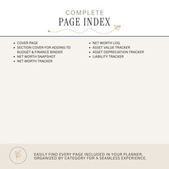 A beige page index cover with the title 'COMPLETE PAGE INDEX' at the top and a bulleted list of included pages below, including cover page, net worth tracker, asset value tracker, and liability tracker.