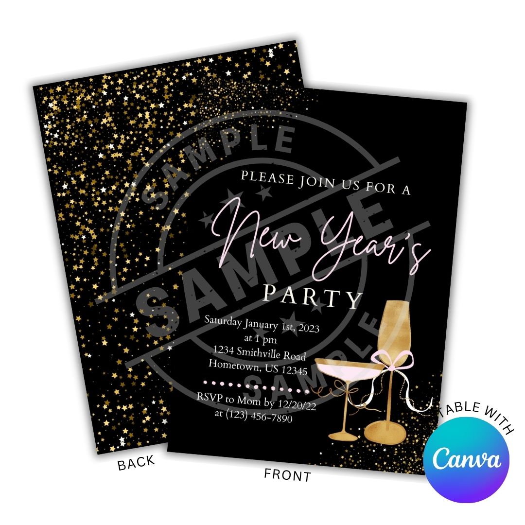 New Year's Party invitation with champagne glasses on a black background