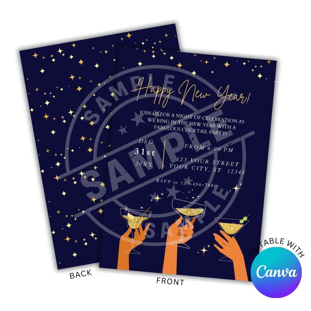 New Year's Eve party invitation with hands holding cocktails against a starry night sky.