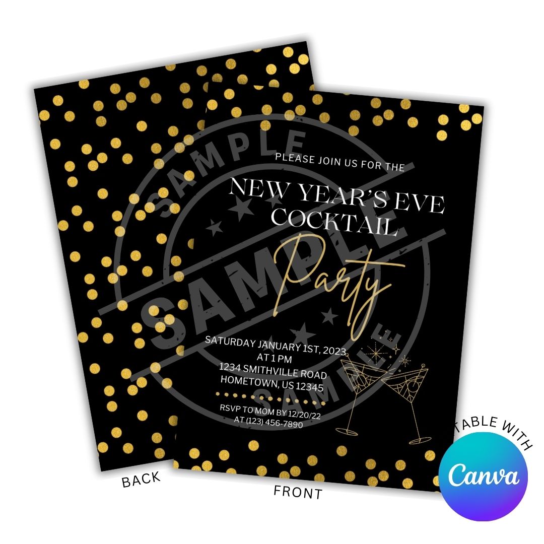 New Year's Eve cocktail party invitation with gold polka dots on a black background
