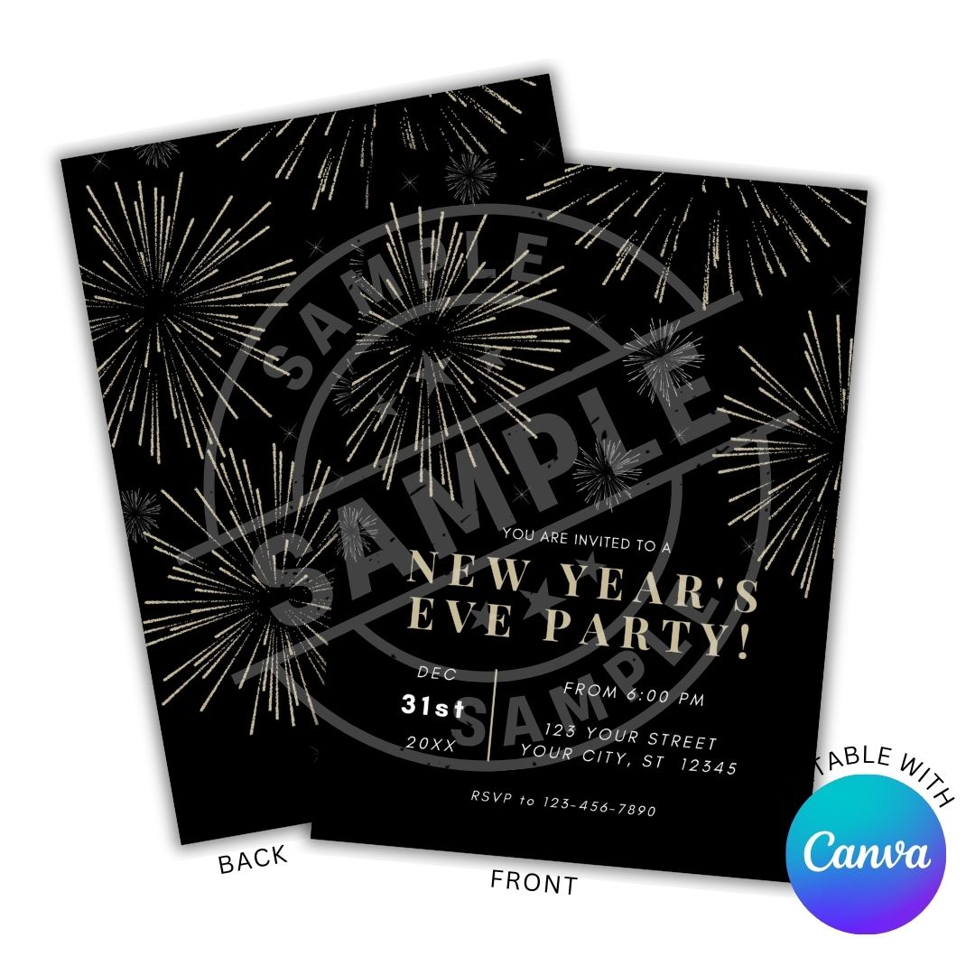 New Year's Eve party invitation with fireworks design on a black background, featuring Canva branding.