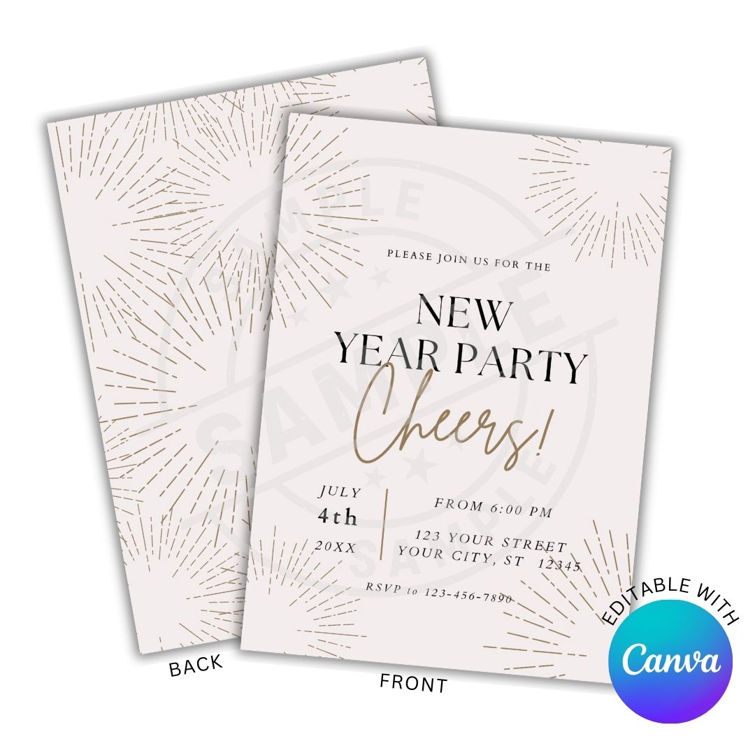 New Year Party invitation card with gold text on a white background, featuring Canva branding.