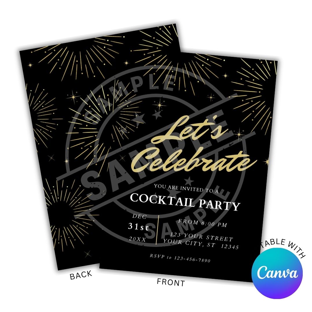 Black cocktail party invitation with gold text and Canva logo.