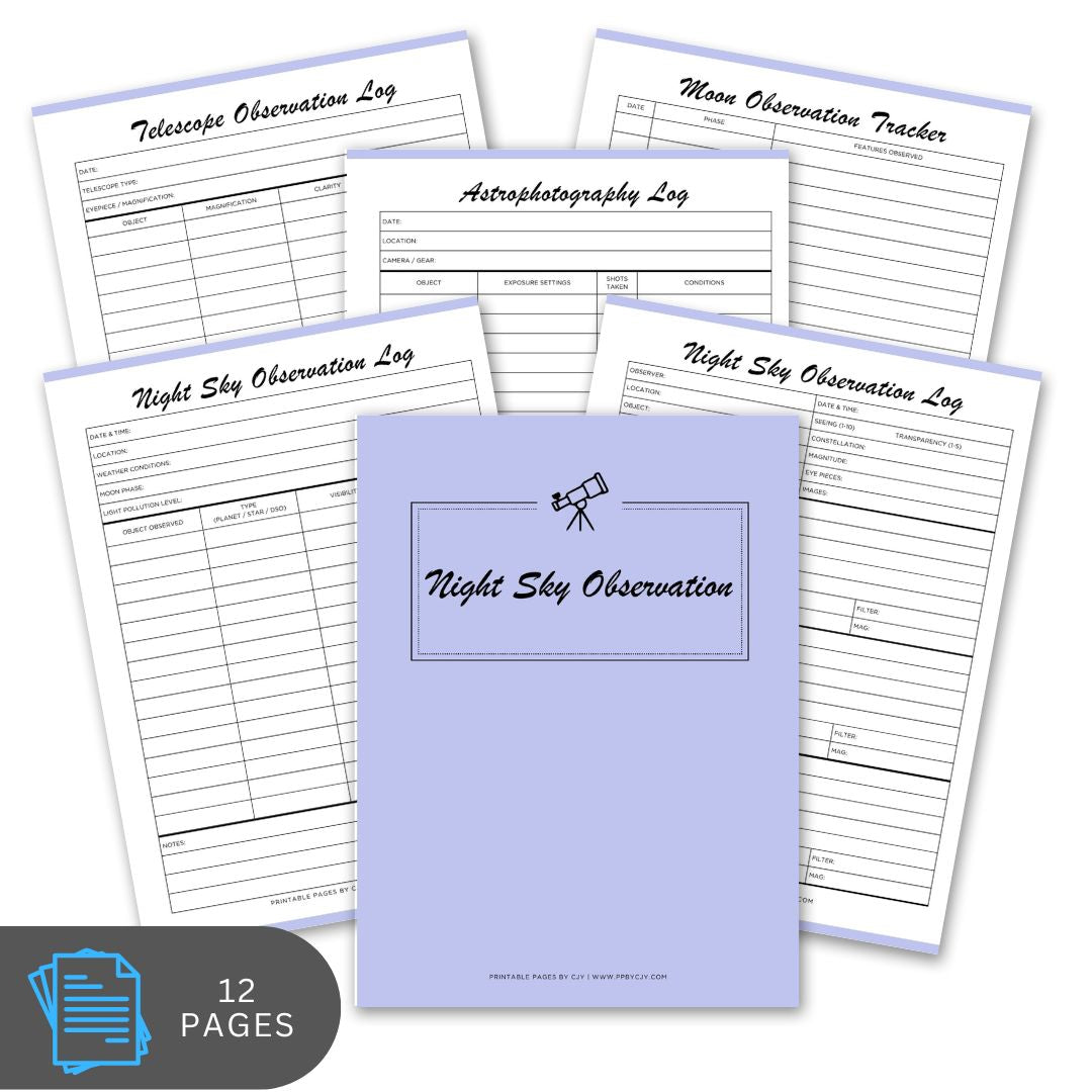 Set of astronomy observation logs with a purple notebook cover on a white background