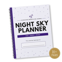 A spiral-bound 'Night Sky Planner' journal with a white cover decorated with small star illustrations and purple accents, including a purple spine and a purple banner reading 'Gaze Observe Record'. A gold circular badge in the bottom right corner reads '10+ Pages'.