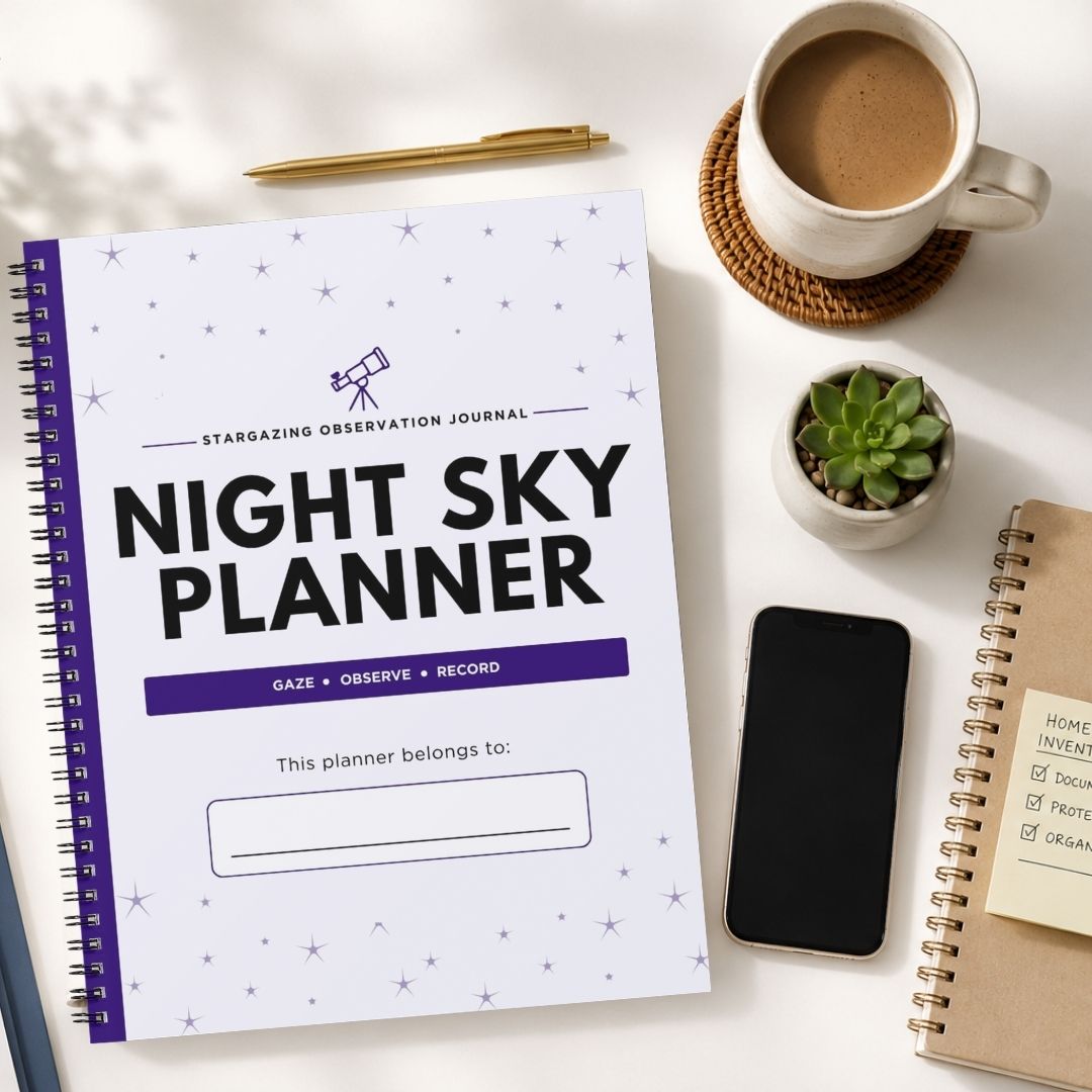 A spiral-bound 'Night Sky Planner' journal is displayed in a styled desk flat-lay scene. The white cover features a starry sky pattern, purple accents, and bold black text.