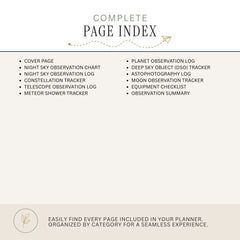 A digital preview of a complete page index for a sky observation and astrophotography planner, showing a list of included pages on a light beige background.