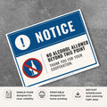 Printable No Alcohol Allowed Beyond This Point notice sign featuring a professional blue notice design, no alcohol symbol, and alcohol prohibition message for workplaces, restricted areas, and commercial facilities.