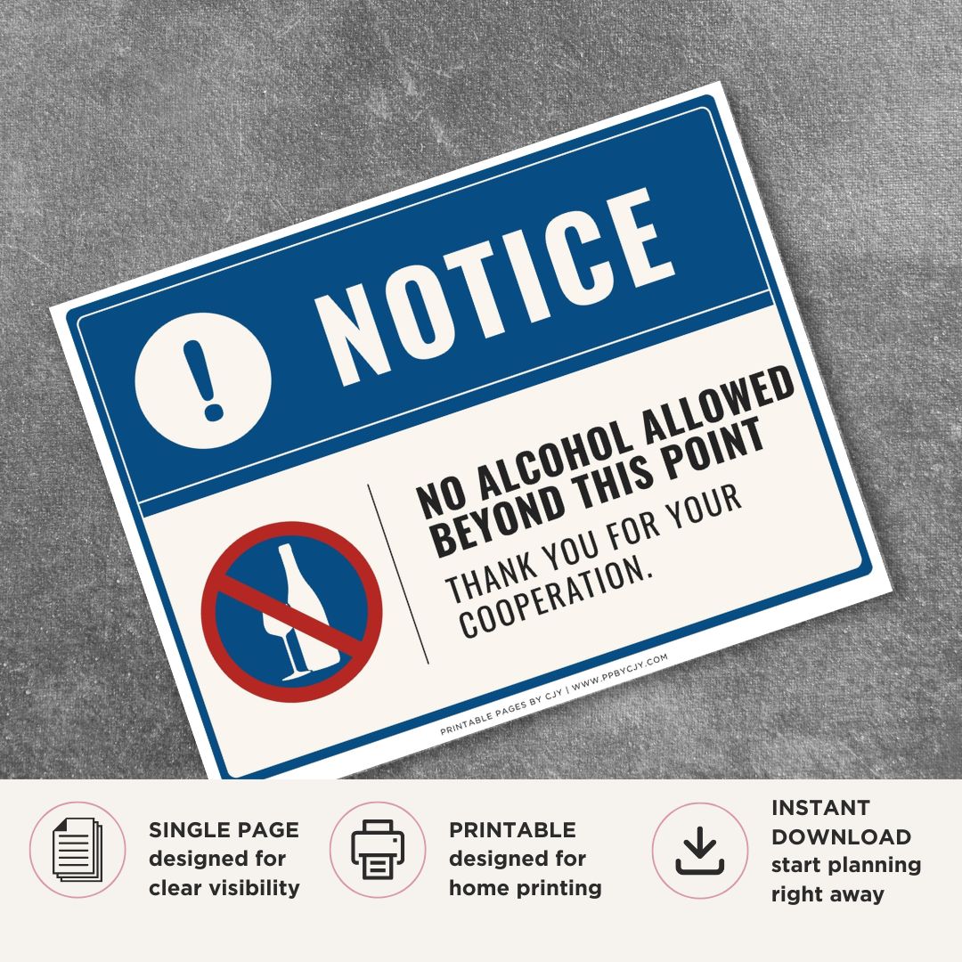 Printable No Alcohol Allowed Beyond This Point notice sign featuring a professional blue notice design, no alcohol symbol, and alcohol prohibition message for workplaces, restricted areas, and commercial facilities.