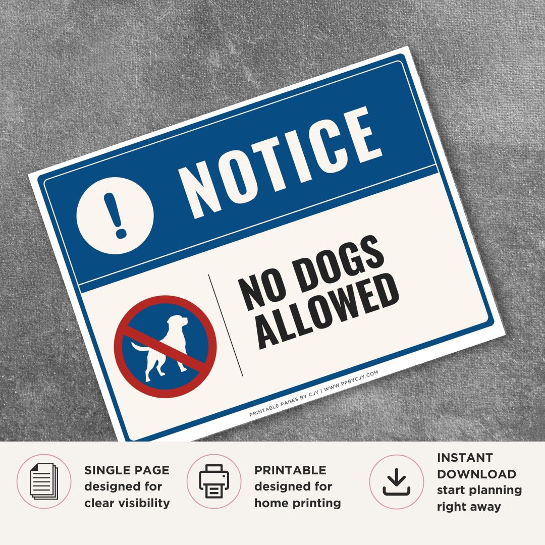 Printable No Dogs Allowed notice sign featuring a professional blue notice design, no dogs symbol, and pet restriction message for businesses, public buildings, parks, and commercial properties.