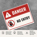 Printable No Entry danger sign featuring a red warning design, prohibition symbol, and restricted access message for construction sites, warehouses, industrial facilities, and hazardous work areas.
