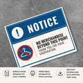 Printable No Merchandise Beyond This Point notice sign featuring a professional blue notice design, prohibited merchandise symbol, and retail policy message for stockrooms, employee-only areas, and commercial businesses.