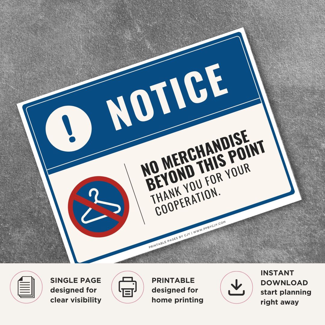 Printable No Merchandise Beyond This Point notice sign featuring a professional blue notice design, prohibited merchandise symbol, and retail policy message for stockrooms, employee-only areas, and commercial businesses.