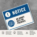 Printable No Money Kept on Premises notice sign featuring a professional blue notice design, currency symbol, and business security message for retail stores, restaurants, offices, and commercial properties.
