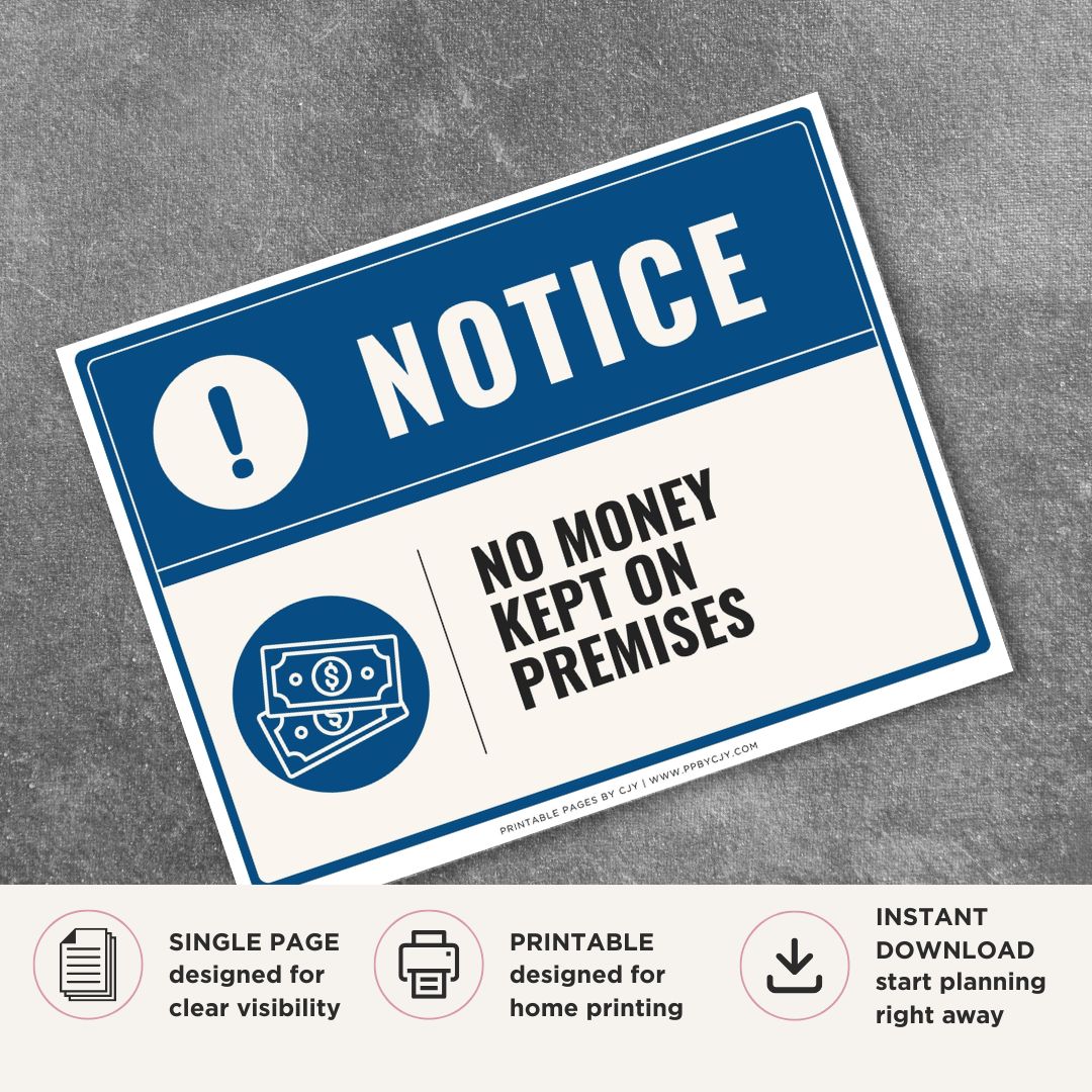 Printable No Money Kept on Premises notice sign featuring a professional blue notice design, currency symbol, and business security message for retail stores, restaurants, offices, and commercial properties.
