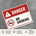 Printable No Smoking Danger sign featuring a bold red danger header, universal no smoking symbol, and workplace safety message for industrial facilities, warehouses, and hazardous areas.
