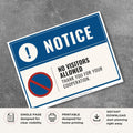 Printable No Visitors Allowed sign featuring a professional blue design, prohibited access symbol, and courteous business policy message for offices, warehouses, medical facilities, and commercial workplaces.