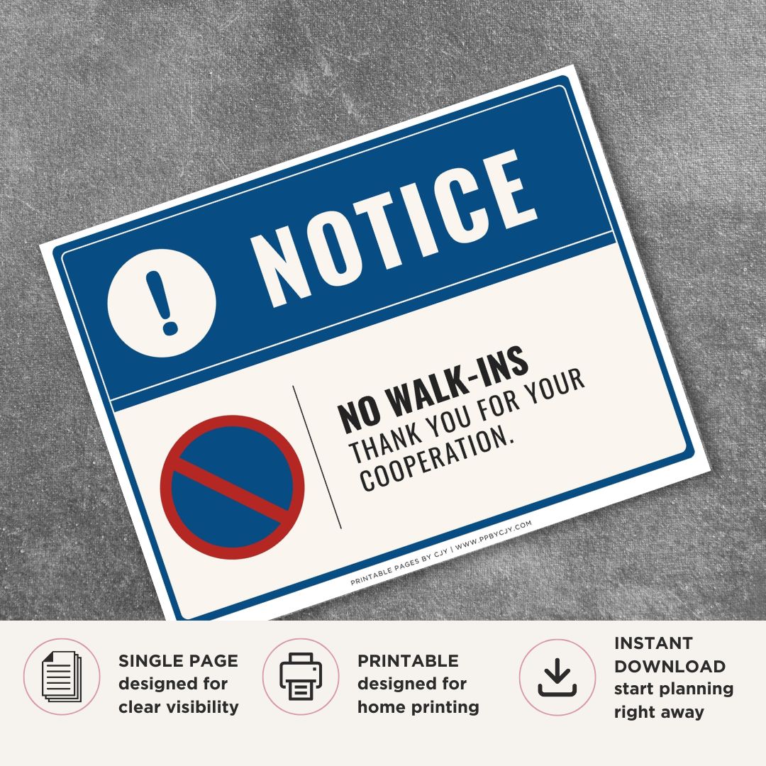 Printable No Walk-Ins sign featuring a professional blue design, prohibited access symbol, and courteous appointment policy message for medical offices, salons, and appointment-based businesses.
