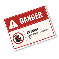 A rectangular warning sign with a red header reading DANGER, a white lower section with NO ENTRY and AUTHORIZED PERSONNEL ONLY text, plus a red prohibition hand symbol. The sign is shown at an angle on a plain white background.