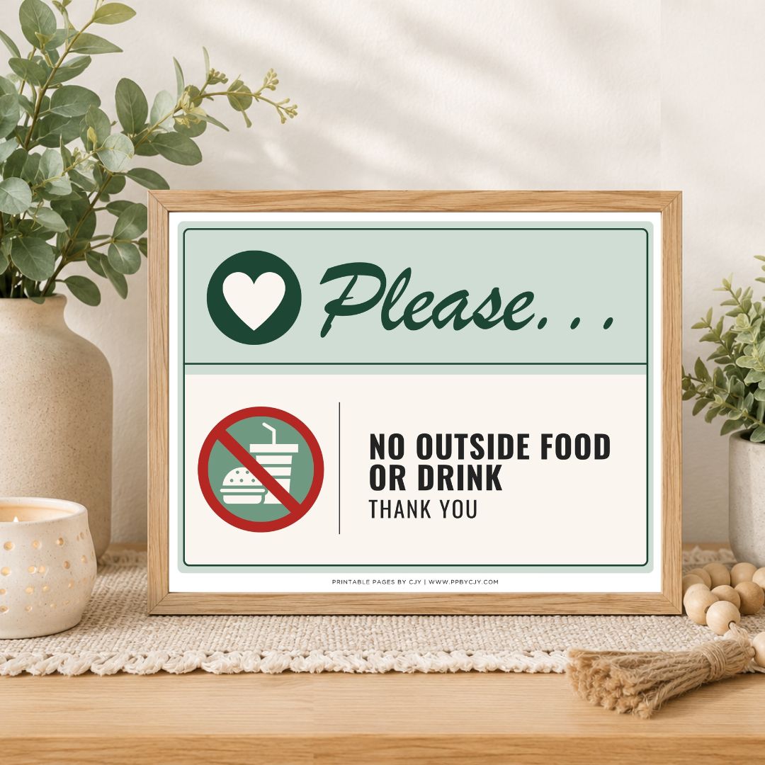 A framed sign on a tabletop in a styled interior setting. The sign reads 'Please.
