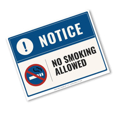 A rectangular warning sign with a blue header reading 'NOTICE' and a white lower section that says 'NO SMOKING ALLOWED' in black text, plus a red-and-white no smoking symbol. The sign is shown at an angle on a plain white background.