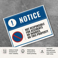 Printable Not Responsible for Accidents or Injuries on This Property sign featuring a professional blue design and property liability notice for businesses, farms, warehouses, recreational facilities, and private property.