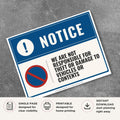 Printable We Are Not Responsible for Theft or Damage to Vehicles or Contents sign featuring a professional blue design and parking liability notice for businesses, parking lots, garages, and commercial properties.