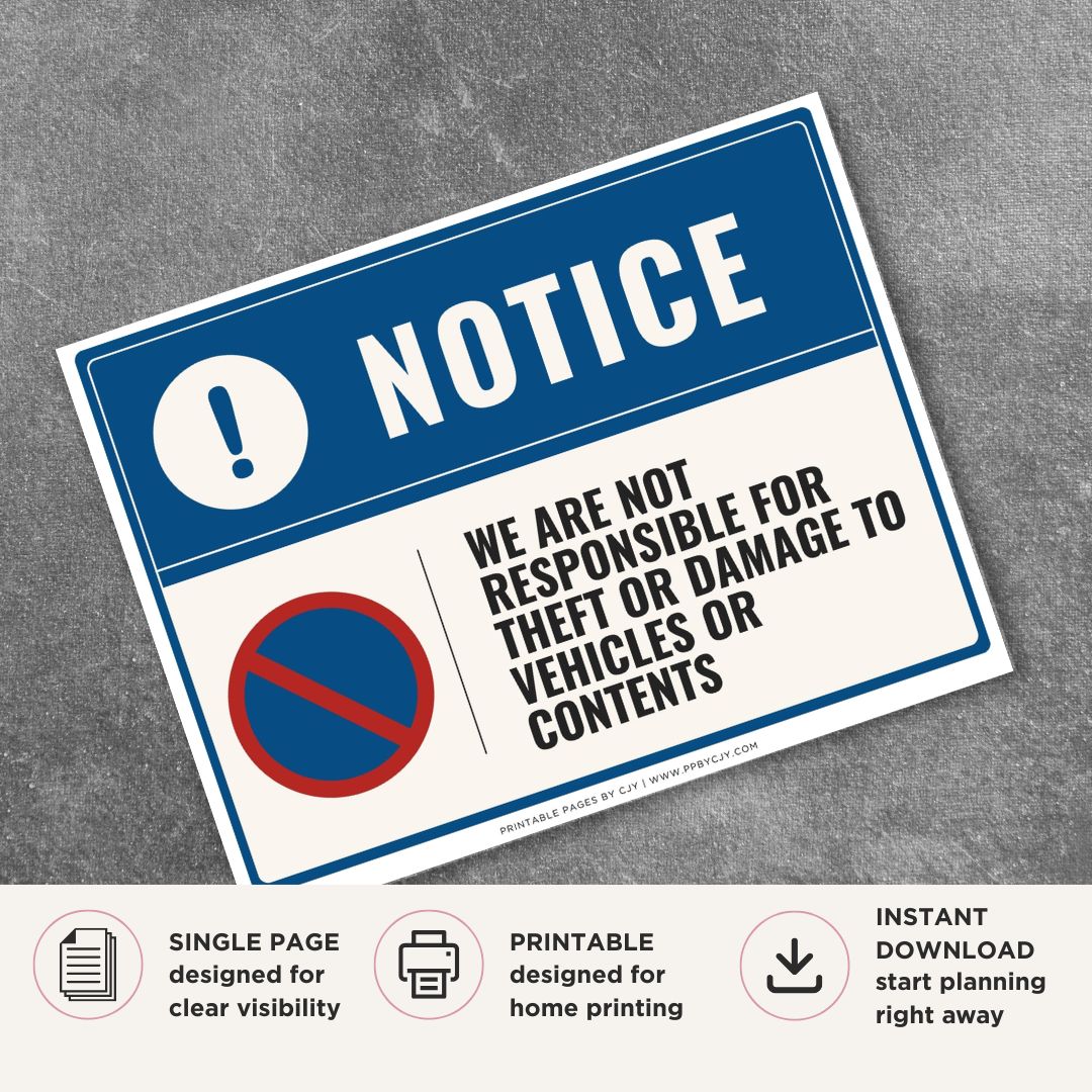 Printable We Are Not Responsible for Theft or Damage to Vehicles or Contents sign featuring a professional blue design and parking liability notice for businesses, parking lots, garages, and commercial properties.