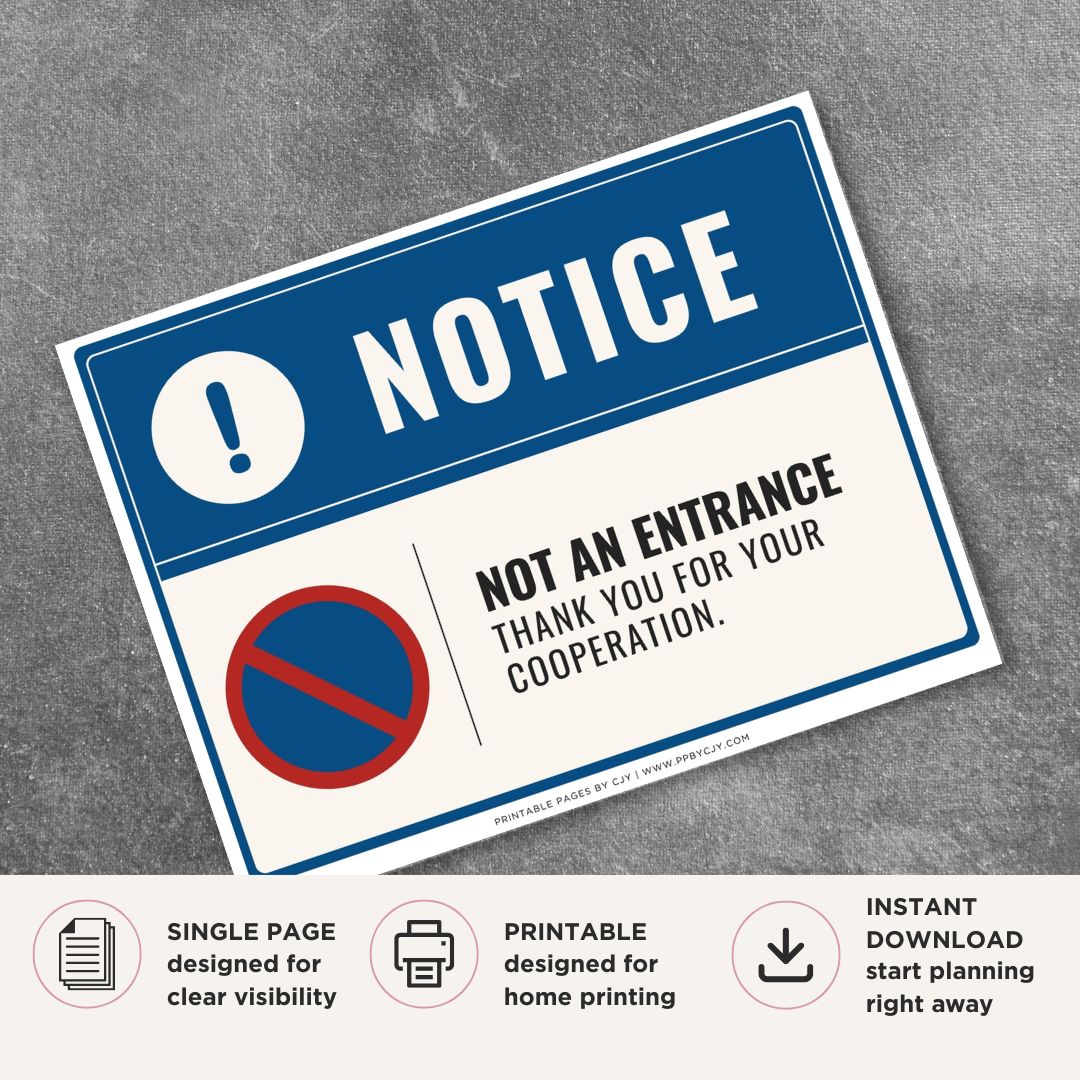 Printable Not an Entrance sign featuring a professional blue design, prohibited access symbol, and courteous directional message for retail stores, offices, warehouses, and commercial buildings.