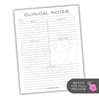 Clinical notes form with text and lines on a white background