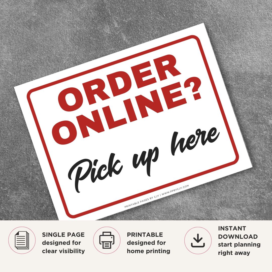 Printable Order Online Pick Up Here sign featuring a professional blue design and clear customer pickup message for restaurants, cafés, retail stores, pharmacies, and businesses offering online ordering.