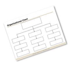 A blank organizational chart template printed on a white sheet, shown at an angle on a light gray background. The chart features black text reading 'Organizational Chart' and a series of empty boxes connected by lines.