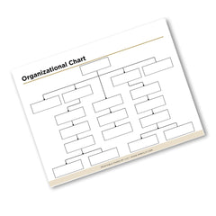 A printable organizational chart template shown on a white page with black line diagrams and blank boxes, photographed at an angle on a white background.