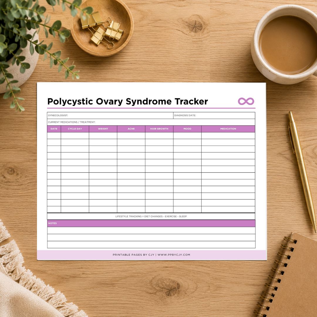 A Polycystic Ovary Syndrome Tracker printable sheet laid flat on a wooden desk with a coffee cup, plant, gold clips, pen, and notebook around it.