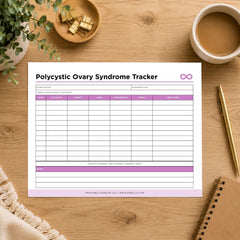 A Polycystic Ovary Syndrome Tracker printable sheet laid flat on a wooden desk with a coffee cup, plant, gold clips, pen, and notebook around it.