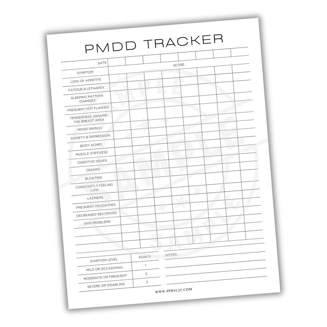 PMDD Tracker sheet on a white background