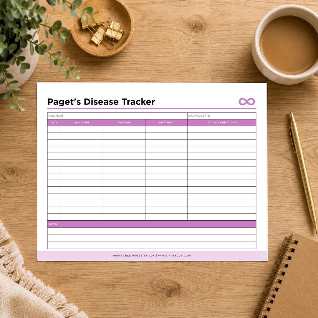 A printable planner tracker sheet titled 'Paget's Disease Tracker' laid flat on a wooden desk, surrounded by a coffee cup, plant leaves, gold clips, a pen, and a notebook.