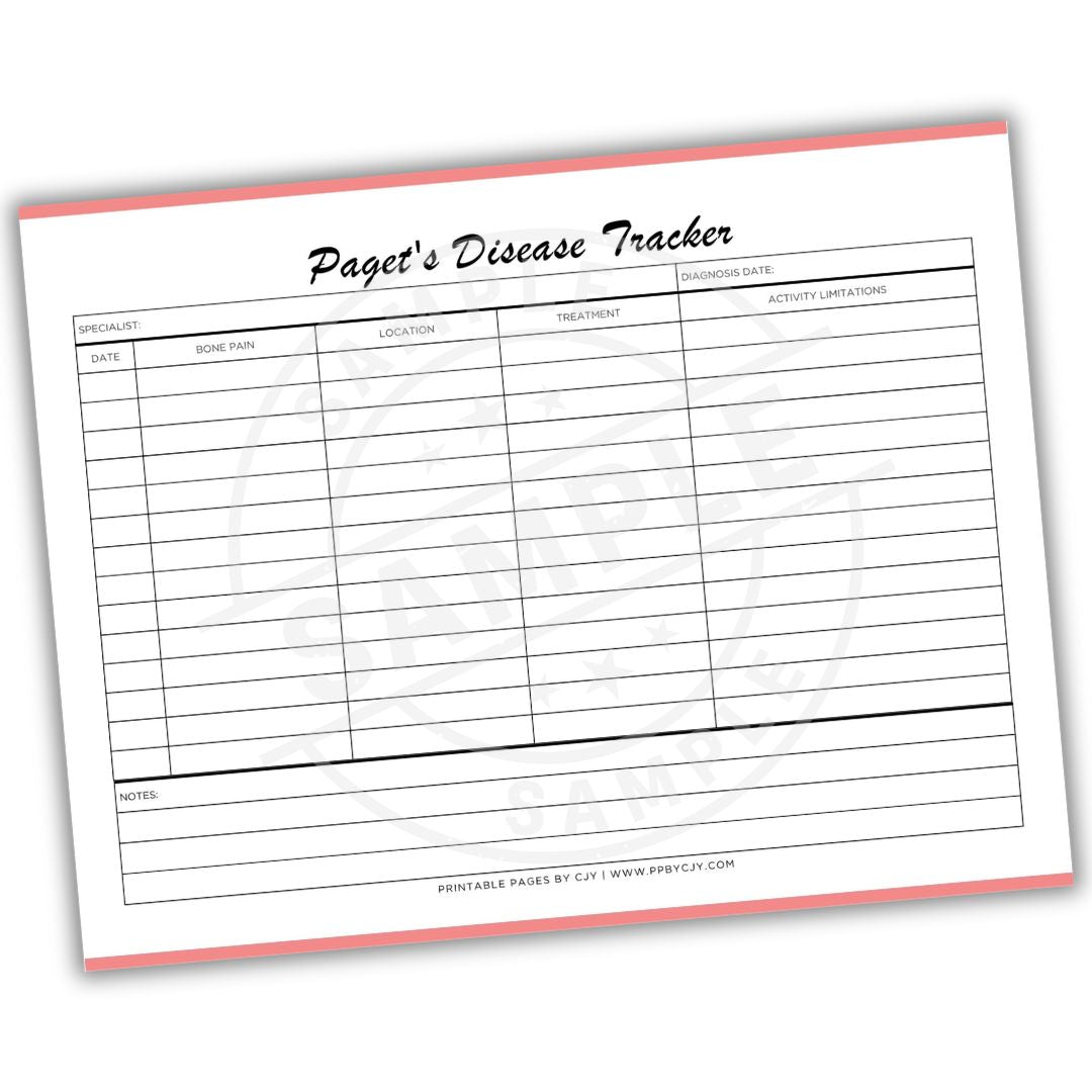 Paget's Disease Tracker sheet with columns for date, bone pain, location, treatment, diagnosis date, activity limitations, and notes.