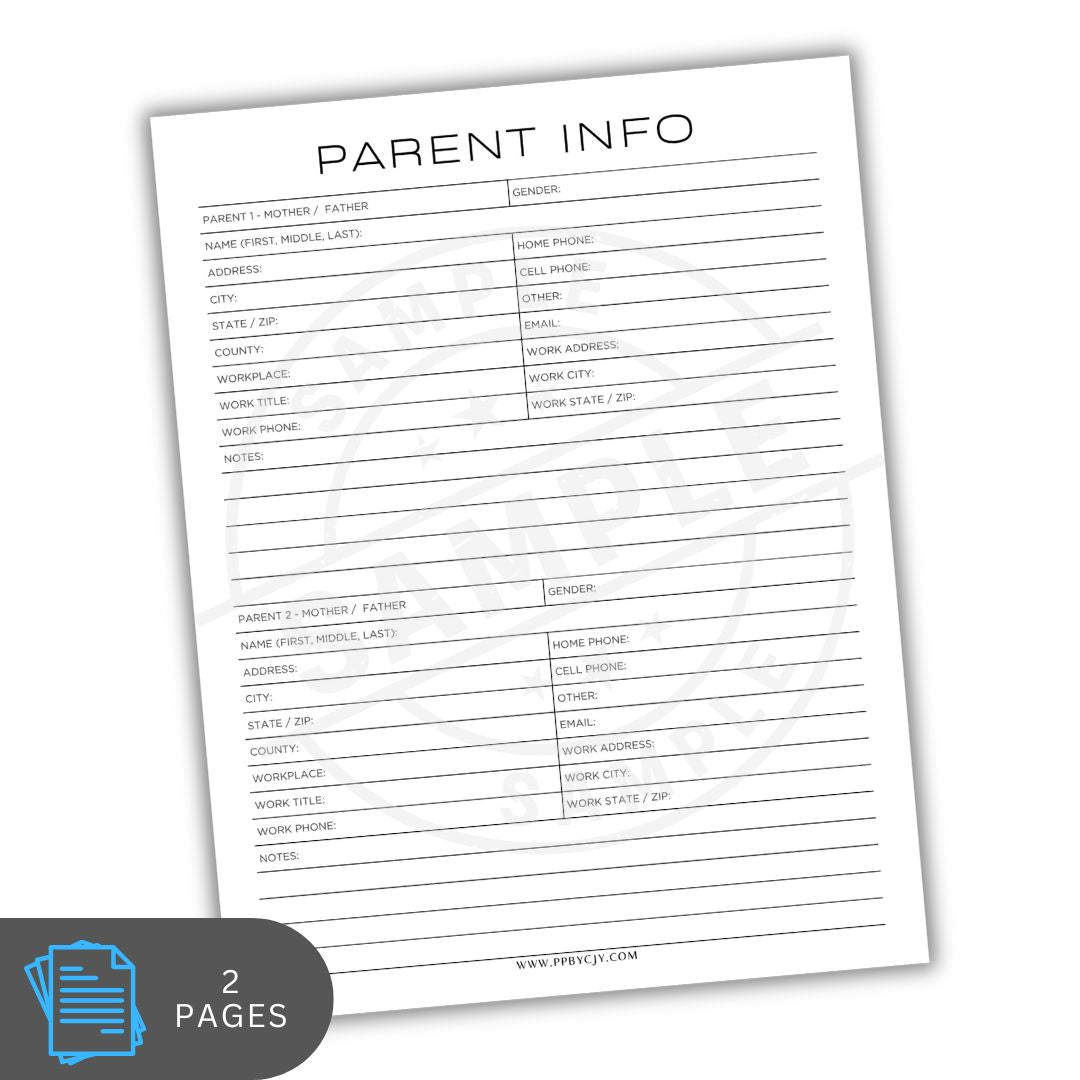Parent information form on a white background